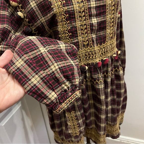 Zara Burgundy Plaid Embroidered Pom Pom Dress Size Small - Picture 8 of 14